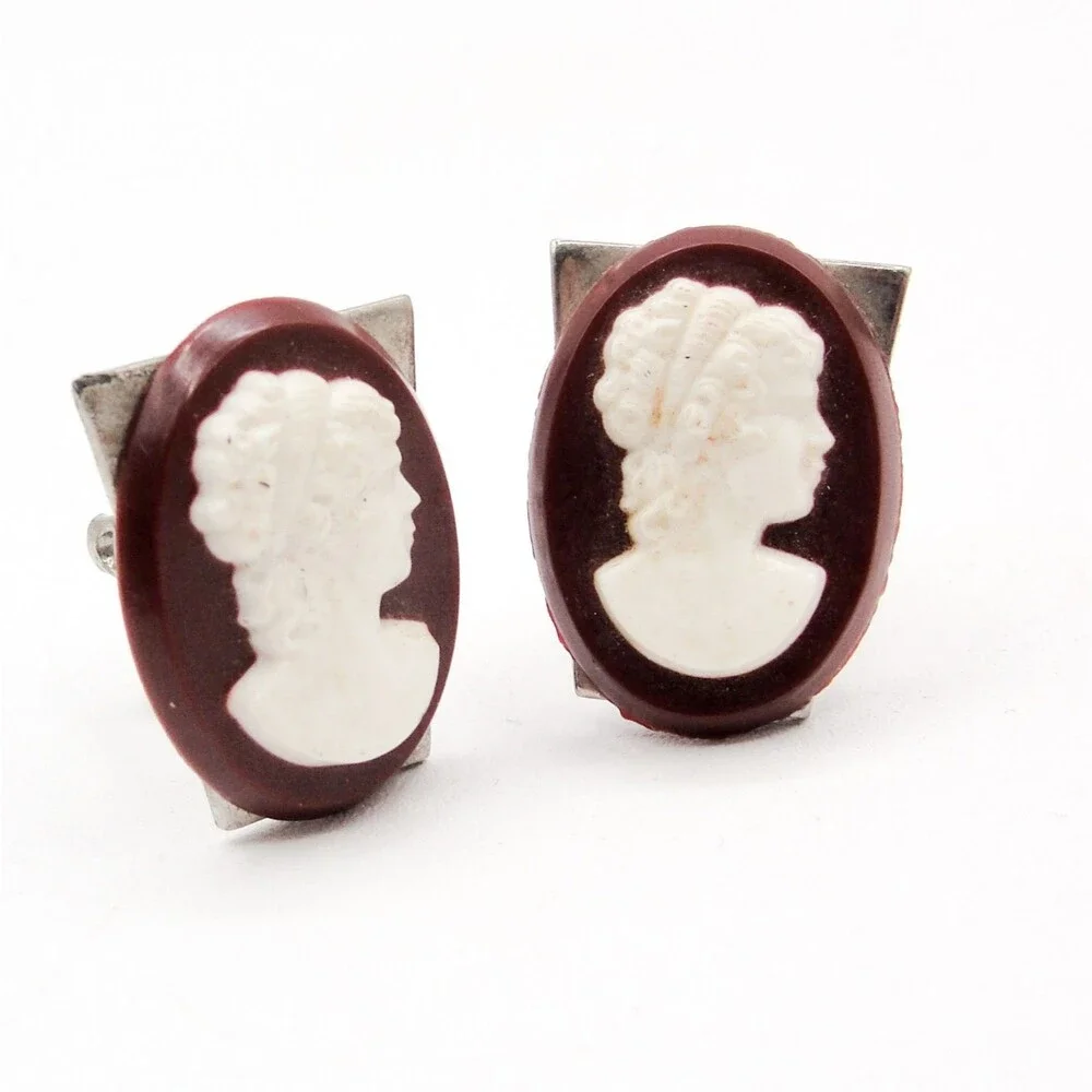 Vintage Silver Tone Victorian Goddess Lady Cameo Cufflinks Brown White MCM